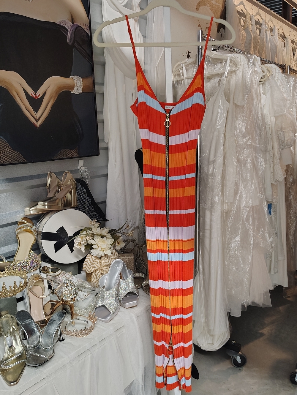 Fashion Nova Striped Sweater Midi Dress Orange Two Way Zip V Neck XL NWOT - Picture 5 of 8
